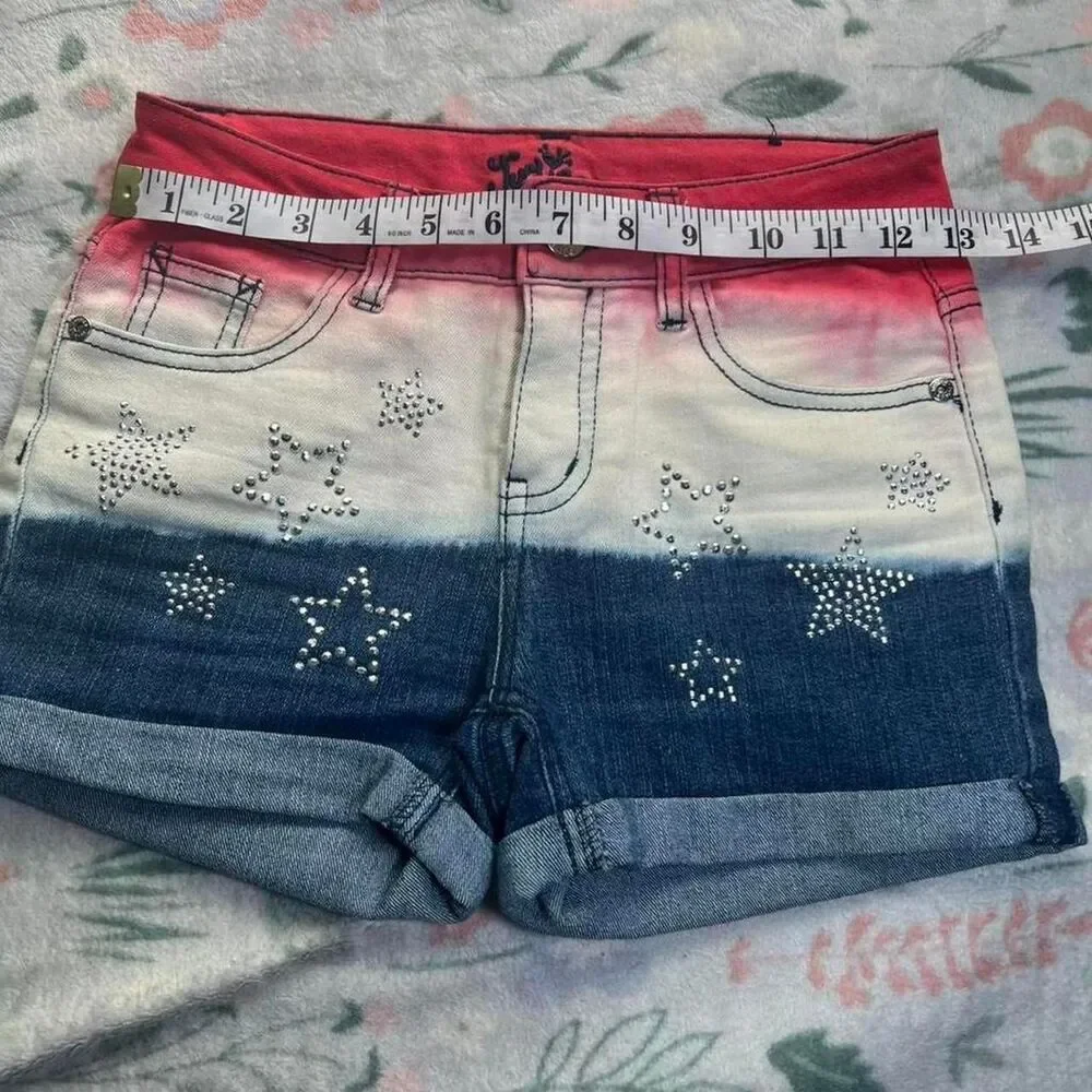 Justice Patriotic Red White Blue Ombre Denim Shorts 12S Rhinestones Y2K Kidcore